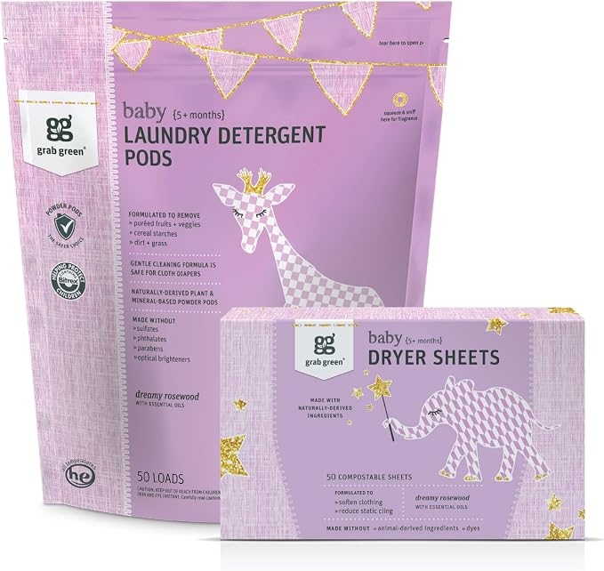 Grab Green Baby Laundry Pods and Dryer Sheets Bundle | 50 Count Pods and 80 Dryer Sheets; Dreamy Rosewood; Plant & Mineral-Based; No Harsh Chemicals