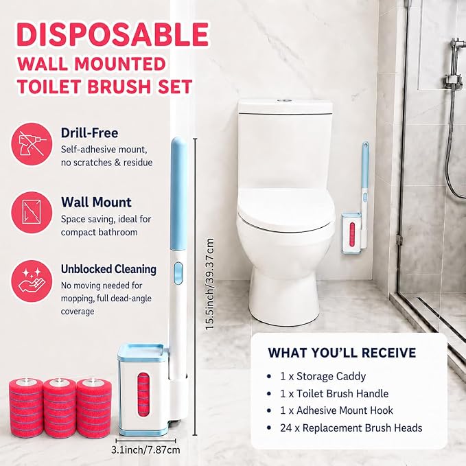 Disposable Toilet Brush with Wall Mounted Holder, 24 Toilet Wand Refills | Hands Free Toilet Brush with One-Button Release, Bathroom Cleaning Set for RV & Small Bathroom, Light Rose Scent