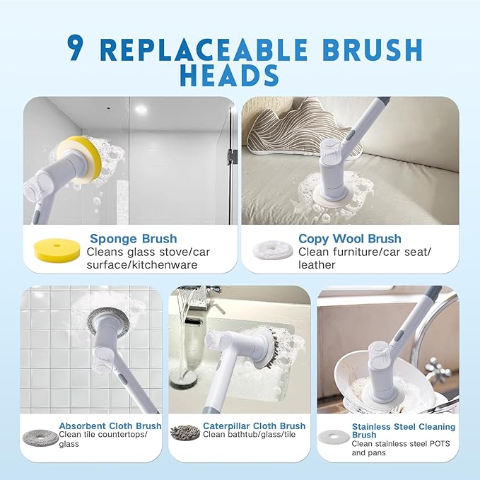 Electric Spin Scrubber,Spray with Foam Cordless Cleaning Brush, 2-Speed Shower Scrubber, Shower Cleaning Brush with 9 Replaceable Brush Heads, Adjustable Removable Handle for Bathroom（White & Grey）