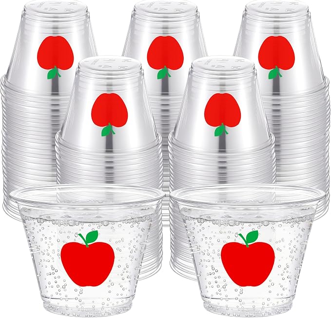 LemonRoad 100 Pack Apple Theme Cups Back to School Party Supplies 9 oz Red Apple Disposable Clear Plastic Cocktail Cups Hot Cold Beverage Drinks for Classroom First Day of School Table Decorations