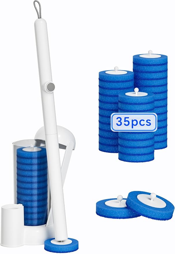 Toilet Wand Kit, Disposable Toilet Bowl Cleaner Brush with Blue Replacement Heads, Press-Button Wand and Self-Closing Freestanding Holder (Toilet Brush + 35 Refills)