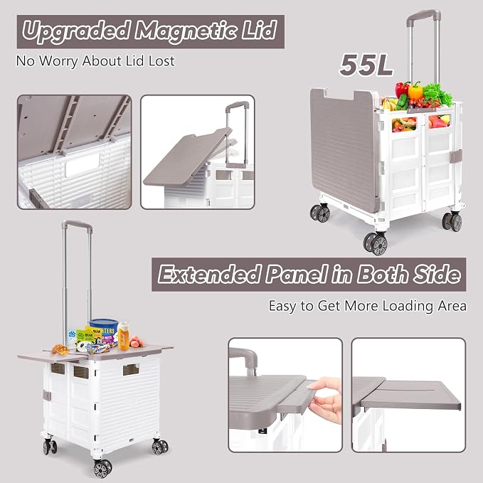 FELICON SELORSS Folding Utility Cart Rolling Crate Tote Basket Box Storage Handcart on 4 Swivel Wheels with Adjustable Handle Extended Magnetic Lid for Teacher Move Shop Travel Grocery Office(White)