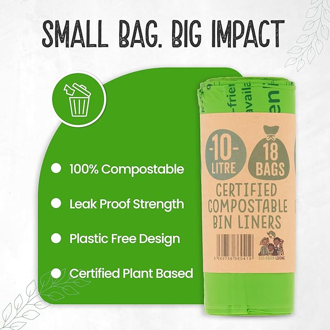 Eco Green Living 100% Compostable Caddy Liners, Biodegradable Food Waste Bags. Plastic & BPA-Free 10L Bin Liners, Vegan, Recyclable, Leakproof Kitchen Waste Bags, 6 Pack,108 Bags