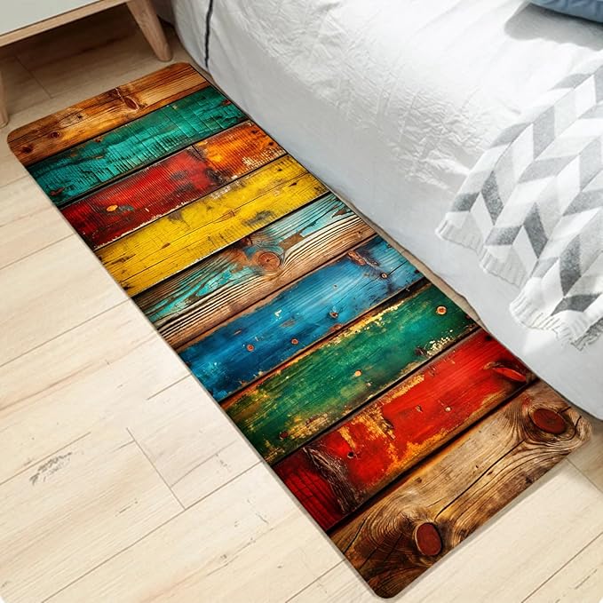 WODEJIA Non Slip Bath Rugs Sponge Foam for Bathroom,Flannel Mat Rug for Living Room, Absorbent MatS for Forlaundry Room and Kitchen, Colored Wooden Board Pattern Welcome Mat 47x18 Inches