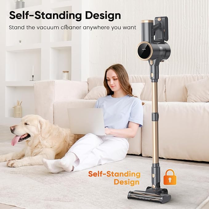 N12S Cordless Vacuum Cleaner, 30KPa Powerful Vacuum with 60 Mins Runtime, Self-Standing, LED Display, Rechargeable Lightweight Handheld Vacuum Cleaners (Gold)
