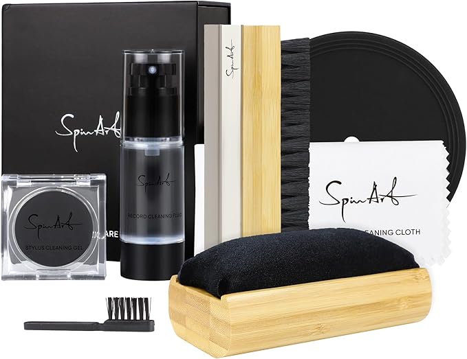 SpinArt Vinyl Record Cleaner Vinyl Record Cleaning Kit 8-in-1,Includes Soft Velvet & Microfiber Brushes, LP Cleaning Solution, Turntable Stylus Gel, Microfiber Cloth, Label Protector & Storage Box