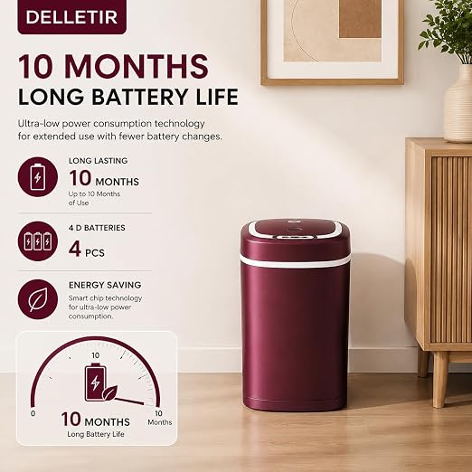Smart Trash Can, Motion Sensor Trash Can with Lid, 15L Touchless Automatic Garbage Can for Bathroom, Bedroom & Office, Stainless Steel, Quiet Soft-Close, Long Battery Life, Wine