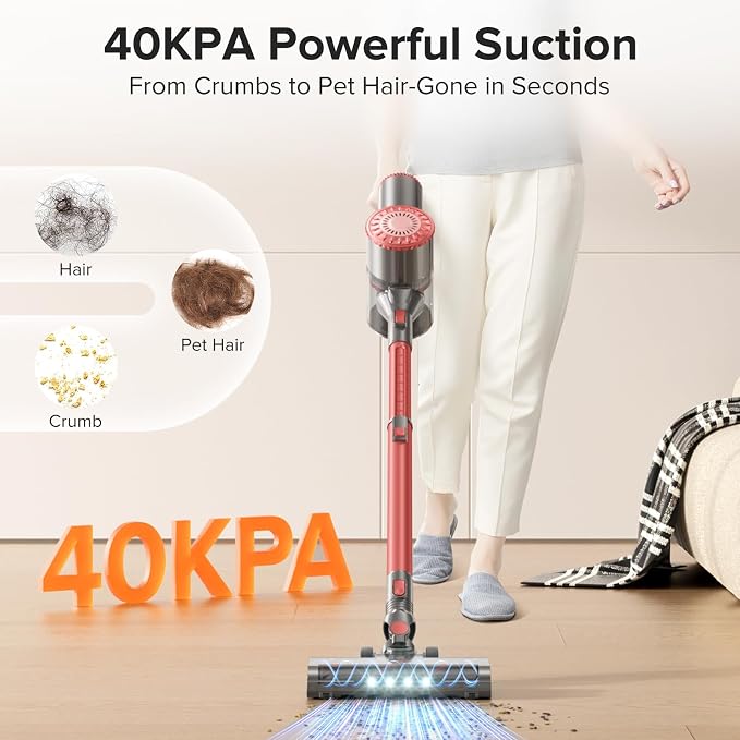 Tipdiy Cordless Vacuum Cleaner with Self-Standing, [Optimized Noise Reduction] 40KPA 8-in-1 Lightweight Rechargeable Stick Vacuum, 7-Layer Filtration,Ideal for Carpet, Pet Hair, Hardwood Floors