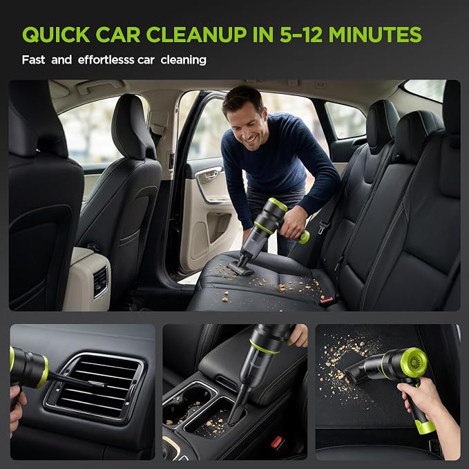 Handheld Car Vacuum Cleaner, 4-in-1 Cordless Rechargeable Mini Vacuum with Air Duster – Quickly Clean Crumbs, Pet Hair & Crevices in Car, Office, Home. Ideal for Commuters & Office Workers (Green)