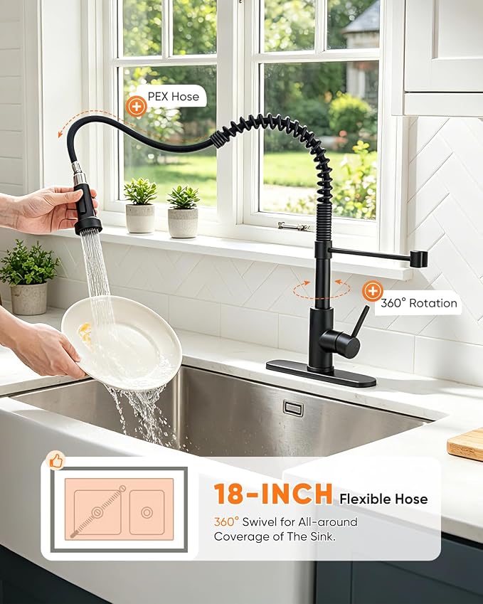 Black Kitchen Faucet with Pull Down Sprayer, Stainless Steel Single Handle Pull Out Kitchen Sink Faucets for Pot Filler, Farmhouse Camper Bar Laundry Room