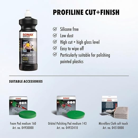 SONAX Cut & Finish 225300 | High Performing Polish/Compound | Rated 5 Cut & 5 Gloss | Removes Paint Defects, P1500 Sanding Marks & Water Spots | Long Work Time & Easy Wipe-Off | Silicone-Free | 1000ml
