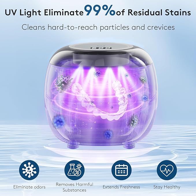 Ultrasonic Retainer Cleaner Machine, 48kHz Dental Cleaning Pod for Night Guards, Mouth Guards, Aligner, Braces, Toothbrush, Jewelry, Ultrasonic Dentures Cleaner with Digital Timer, 220ML, White