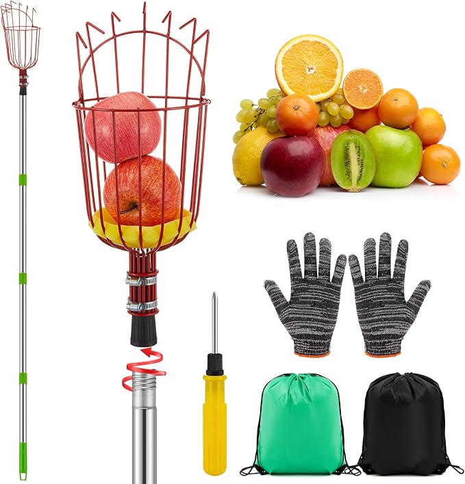Colingmill 26ft Fruit Picker Pole with Basket, Telescoping Fruit Picking Tool with Soft Cushion, Extendable Harvester for High Trees, No Ladder Needed for Apple, Cherry, Orange, Citrus, Peach