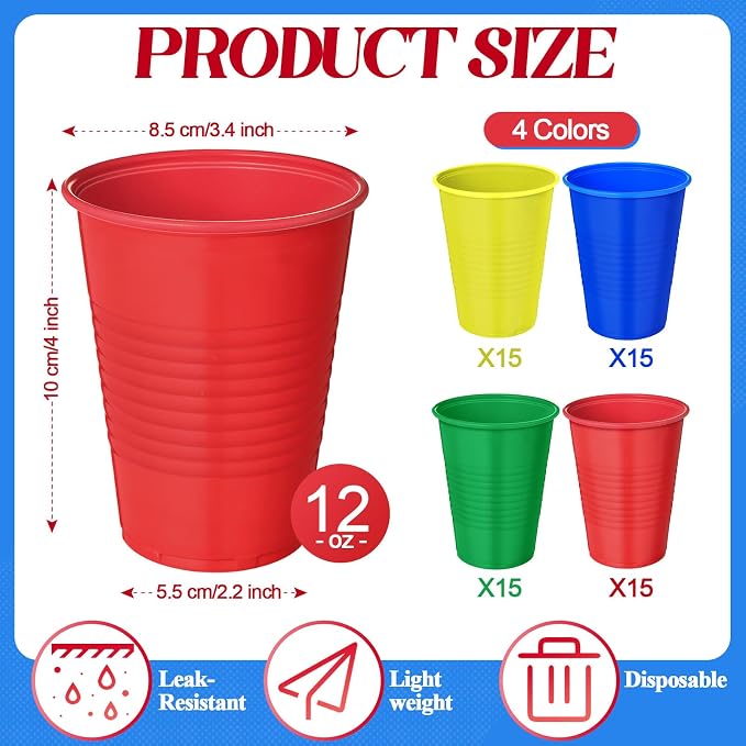 Funnymoom 60 Pcs Disposable Plastic 12 oz Party Drinking Cups Red Green Yellow Blue Colored Water Beverage Cups for Barbecues Picnics Festival Birthday Party Supplies