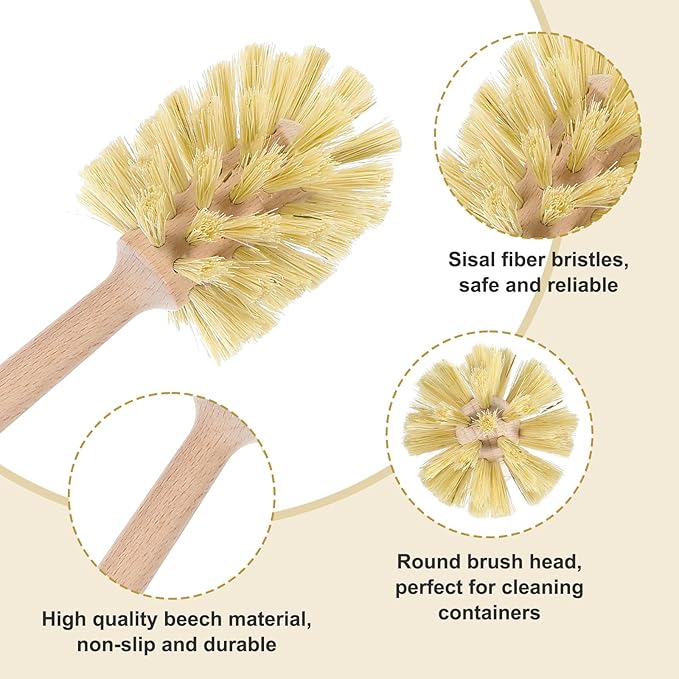6 Pcs Natural Wood Dish Scrub Brush with Long Beechwood Handle Bristles for Cleaning Bottles, Mugs, Jars, Glasses, Dishes, Vases, Pitchers, 13.6 x 2.6 Inches