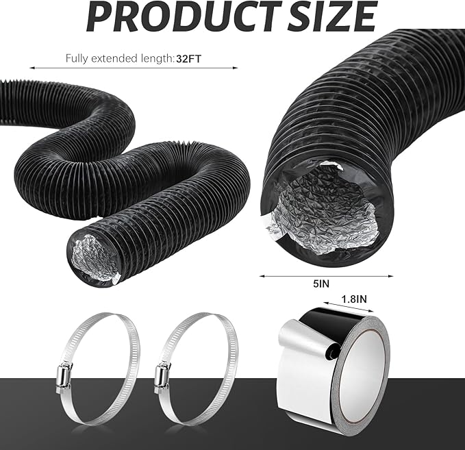 Zonon Dryer Vent Hose 5 Inch X 32 Feet Flexible Aluminum Foil Ducting Non Insulated with Stainless Steel Clamps and Aluminum Tape for Pipe, HVAC Heating Cooling Ventilation and Exhaust(Black)