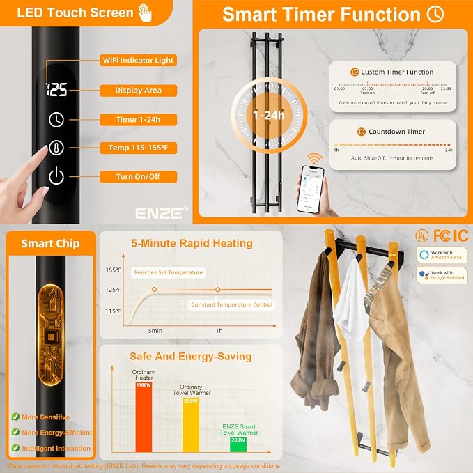 ENZE Smart Heated Towel Rack, Wall Mounted Electric Towel Warmer 220W for Bathroom, WiFi App Control & LED Touch Screen, Adjustable Temp & 24H Timer, Vertical Model, IPX5, Plug-in/Hardwired, Black
