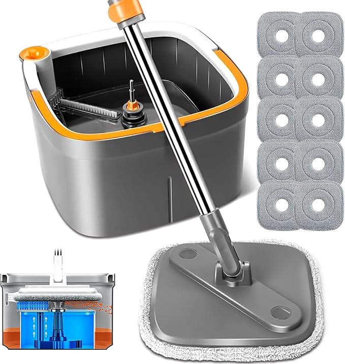 Spin Mop and Bucket Set with 10 Replaceable Microfiber Mop Pads with Self Separation Dirty and Clean Water System, Self Wringing 360° Rotating Square Mop Head for Hardwood Tile Marble Floors