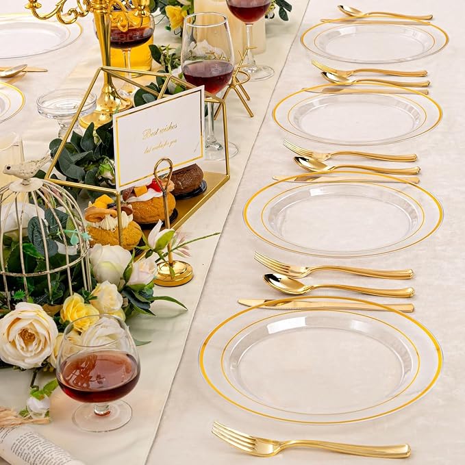 I00000 60PCS Clear Gold Plastic Plates, Clear Plates With Gold Rim 10 Inch,Fancy Disposable Wedding Plate Heavy Duty Plastic Plate for Birthday, Wedding & Party