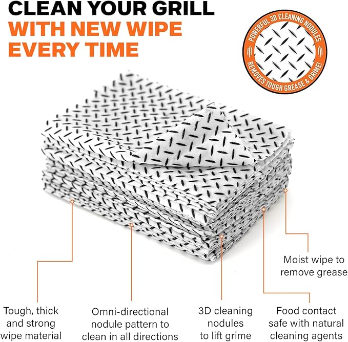 Proud Grill Q-Swiper XL Complete Grill Cleaning Kit - Long Bristle & Wire-Free Brush, Steam-Clean Cloths, Moist Wipes, Exterior Reusable Cloth & Plastic Tray, Grease & Grime Remover, BBQ Accessories