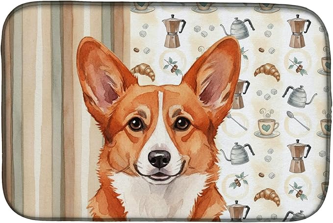 Caroline's Treasures Red Cardigan Welsh Corgi Coffee Bar Dish Drying Mat Absorbent Dish Drying Mat Pad for Kitchen Counter Dish Drainer Mat for Countertop, 14 x 21", Multicolor