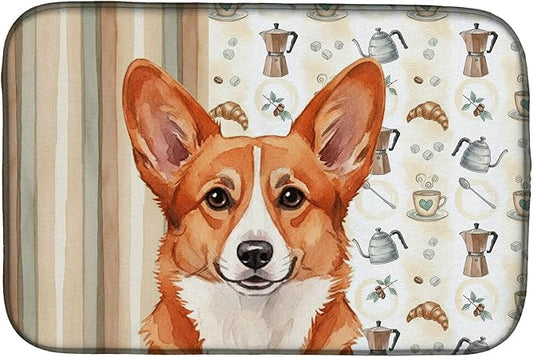 Caroline's Treasures Red Cardigan Welsh Corgi Coffee Bar Dish Drying Mat Absorbent Dish Drying Mat Pad for Kitchen Counter Dish Drainer Mat for Countertop, 14 x 21", Multicolor