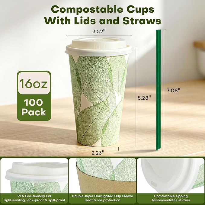 Plant-Based Compostable Cups Set – PLA Lined Disposable Coffee Cups with Lids, Straws & Sleeves, Eco-Friendly for Hot & Cold Drinks, Party, Travel, Office (16 oz 100 Count)