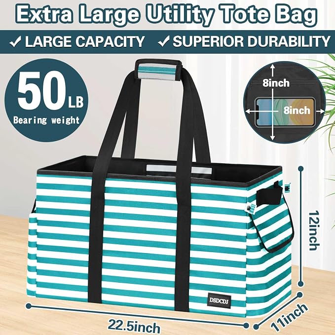 Standing Extra Large Utility Tote Bag with Hard Bottom & Hard Sides, Heavy Duty Reusable Grocery Bags with Handles & 3 Pockets for Shopping, Picnics, Camping, Laundry, Car, Beach Tote Bag