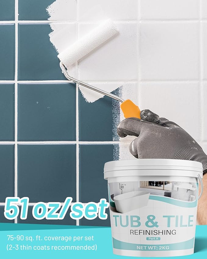 Tile Paint, 70 oz Tub and Tile Refinishing Kit with Hardener, Tub Paint for Bathtub Sink Bathroom Kitchen Countertop, Water Based & Low Odor, Semi-Gloss white, 100-110sq.ft