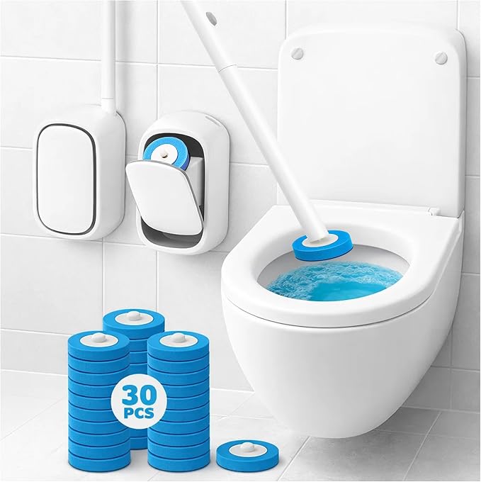 CiLoN 30 Pads Auto Lid Opener Disposable Toilet Bowl Brush & Holder System | Wall-Mounted Disposable Toilet Cleaning Set For Touch Free Space-Saving Hygienic Modern Bathrooms (Ocean Breeze + 30 Sponge)