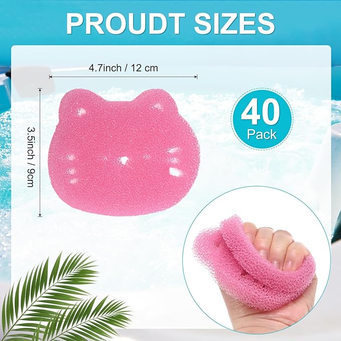 M METERXITY 40-Pack Hot Tub Scum Absorber, 9x12 Cm/3.5x4.7 Inch Sponge Kitten Pattern Scum Balls for Spa, Bathtub and Swimming Pool to Soak Up Oils Bathtub Accessories [Pink]