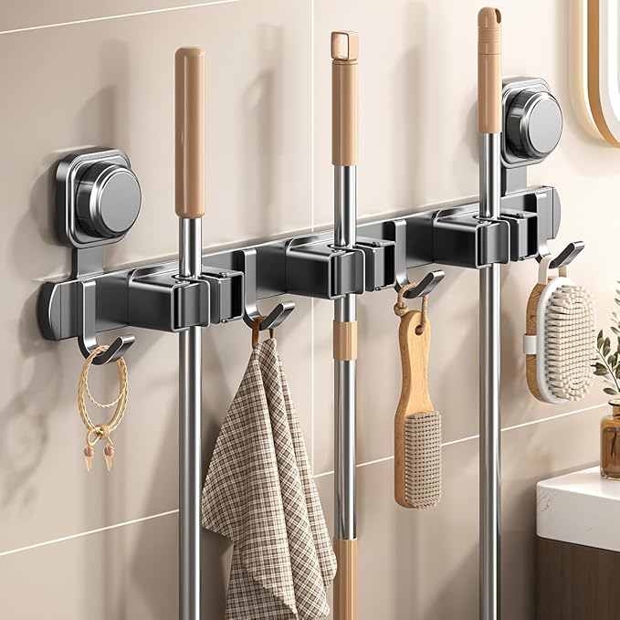 AmoiChic Wall Mount Broom and Mop Holder, Rectangular, Aluminum, Heavy Duty Storage Organizer with Hooks and Slots, Modern Style, for Home, Garage, Kitchen, Laundry, 19.6x 4.9 Inches, Gray