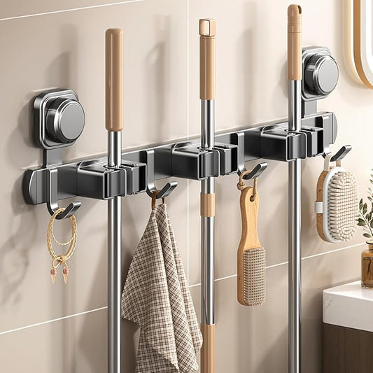 AmoiChic Wall Mount Broom and Mop Holder, Rectangular, Aluminum, Heavy Duty Storage Organizer with Hooks and Slots, Modern Style, for Home, Garage, Kitchen, Laundry, 19.6x 4.9 Inches, Gray