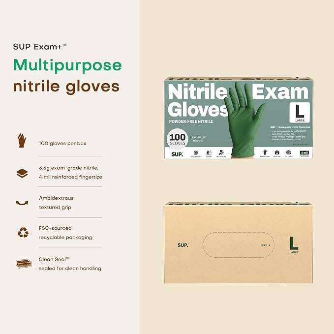 SUP Nitrile Exam Gloves, Powder-Free Latex-Free Food Non-Sterile Safe Cooking Cleaning Disposable Medical Glove, Green 1000Ct