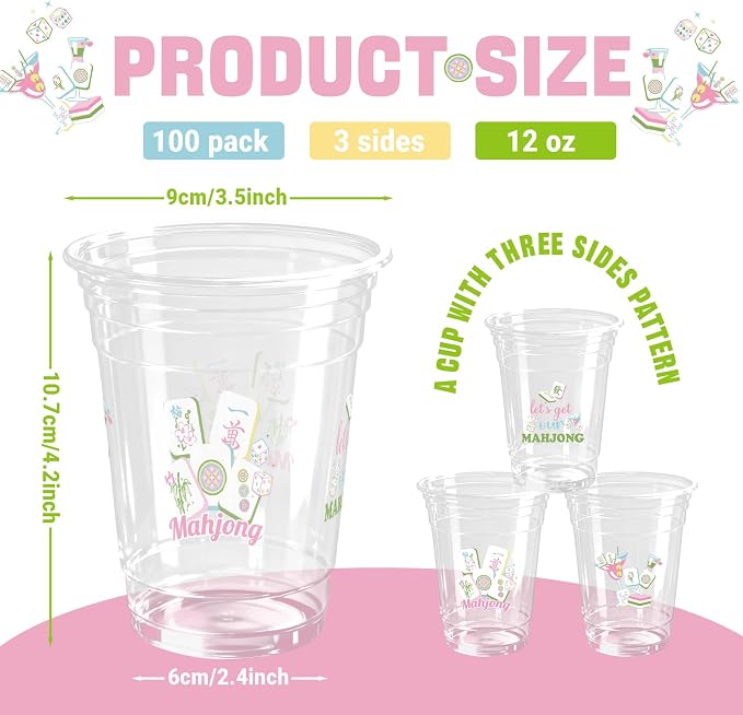 100 Pcs 12oz Mahjong Plastic Cups for Parties, Disposable Clear Themed Birthday Decorations Game Night Supplies Gifts for Mah Jong Lovers