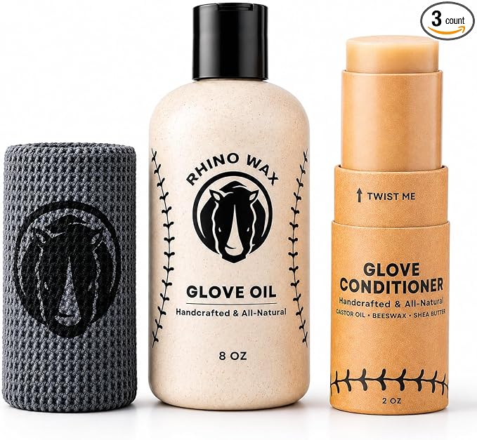 Rhino Wax Baseball Glove Care & Maintenance Kit with Oil & Conditioner | Maintain baseball gloves with premium oil and conditioner that preserve glove quality, flexibility and extend glove life.