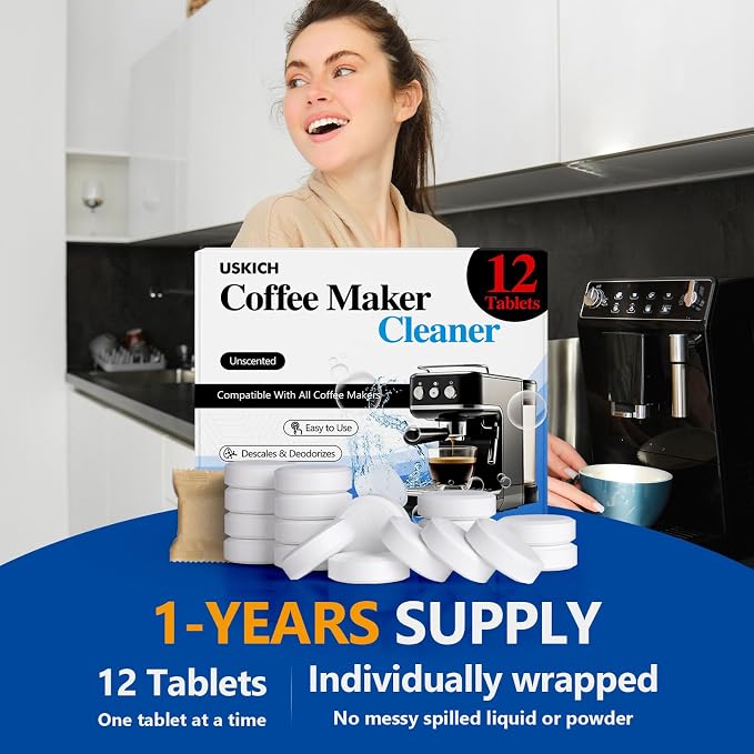 Coffee Machine Cleaner Descaler Tablets 12 Pack, Coffee Maker Cleaner for Keurig, Ninja, Breville, Delonghi, Nespresso, Miele,Espresso Machine Cleaning Tabs,Descaling Solution for Coffee Pot Maker