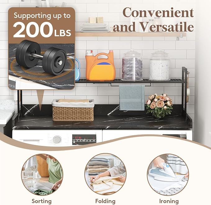 Lifewit Washer Dryer Countertop with Adjustable Shelf, Melamine Cover for The Top with Edge Rails, Towel Rack for Laundry Room Storage and Organization, Hold 200lbs, Black Marble, 54" x 27.5"