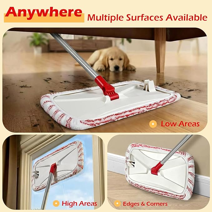 OZD Flat Mops for Floor Cleaning , with 5 Reusable 16x9in Dual-Fiber Mop Heads, Remove Stubborn Stains, Wet and Dry Use, Suitable for Hardwood, Tile, Laminate Flooring etc, Red