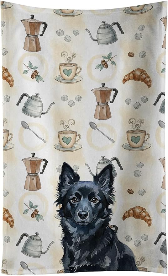 Caroline's Treasures Schipperke Coffee Bar Kitchen Towel Velour Plush Front and Cotton Loop Back Machine Washable