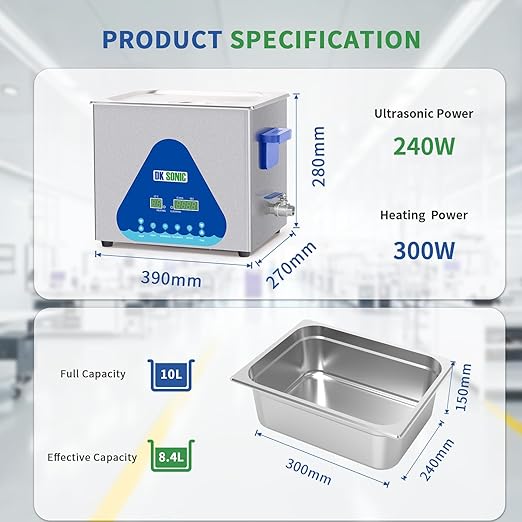 DK SONIC Ultrasonic Cleaner 10L,240W Industrial Ultrasonic Parts Cleaner with Heater&Timer, Digital Control&Basket, Multiple Functions for Motorcycle Engines,Carburetors, Chains