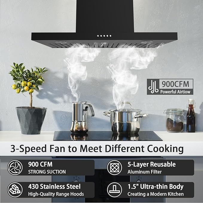 ONEEON 30" Range Hood - 650 CFM Wall Mount Kitchen Exhaust with 3 Speed Fan, LED Lights, Push Button, Ultra-thin Body, Chimney Style Stove Vent Hood & Ducted Exhaust Vent, Black