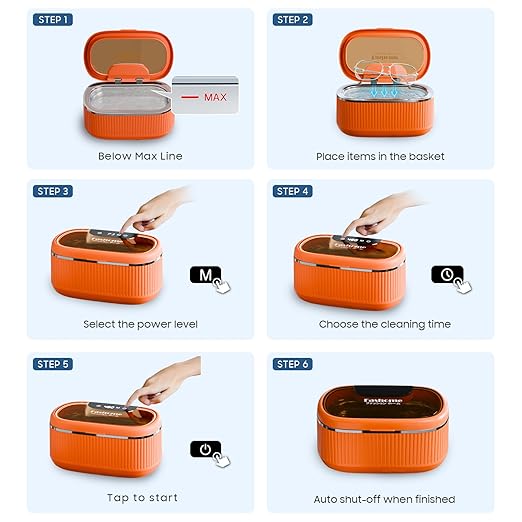 Ultrasonic Jewelry Cleaner Machine with 2×100ml Cleaning Solution, 45kHz Sonic Cleaner for Rings, Glasses & Watch Band, 550ML Stainless Steel Tank, 5 Timer, 3 Power Levels, Degas Mode-Orange