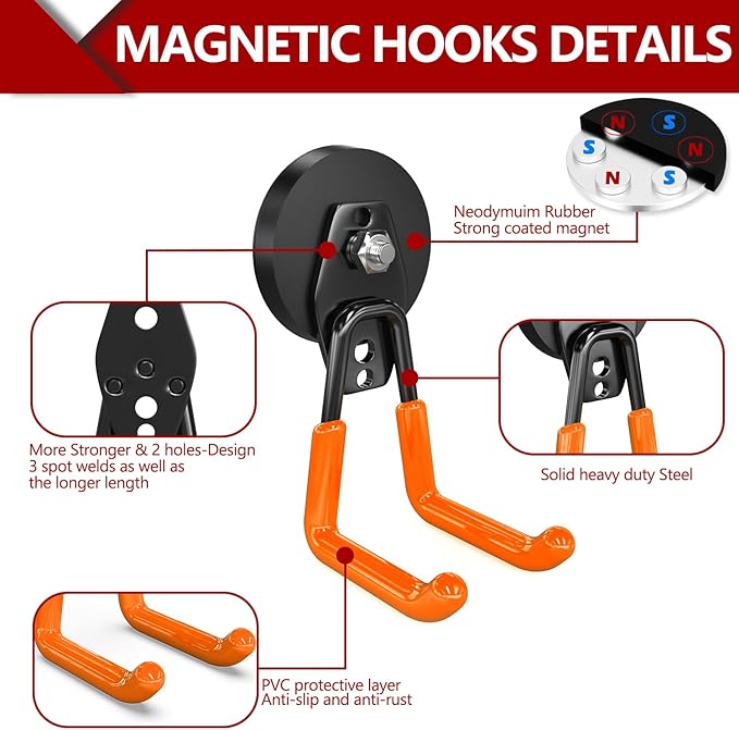 3-H Extra Strong Magnetic Hooks,Heavy Duty Large Anti-Slip Magnet Hooks,No-Drill Tool Holder for Garage,Power Drill,Garden Tools,Hose Storage,2 Pack Orange