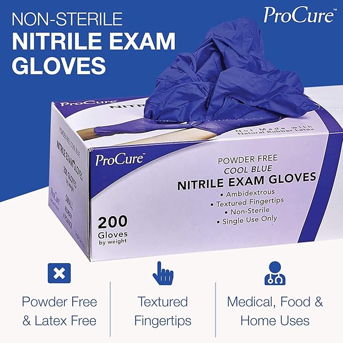ProCure Disposable Nitrile Gloves - Medium, 2,000 Count Case - Powder Free, Rubber Latex Free, Medical Exam Grade, Non Sterile, Ambidextrous - Soft with Textured Tips - Cool Blue
