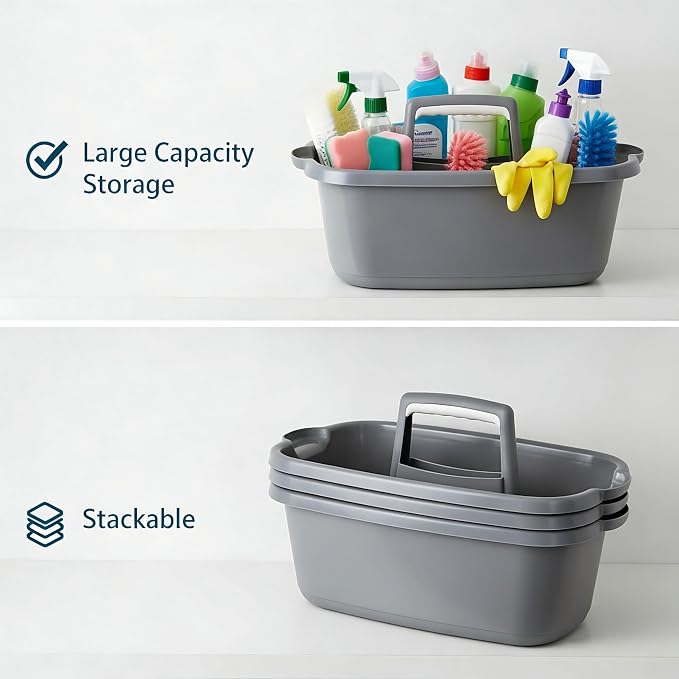 Cleaning Supplies Caddy 3 Pack: Heavy Duty Large Shower Basket with Handle | Portable Plastic Tool Storage Tote Organizer for Bathroom Kitchen Dorm Garden Home, Gray