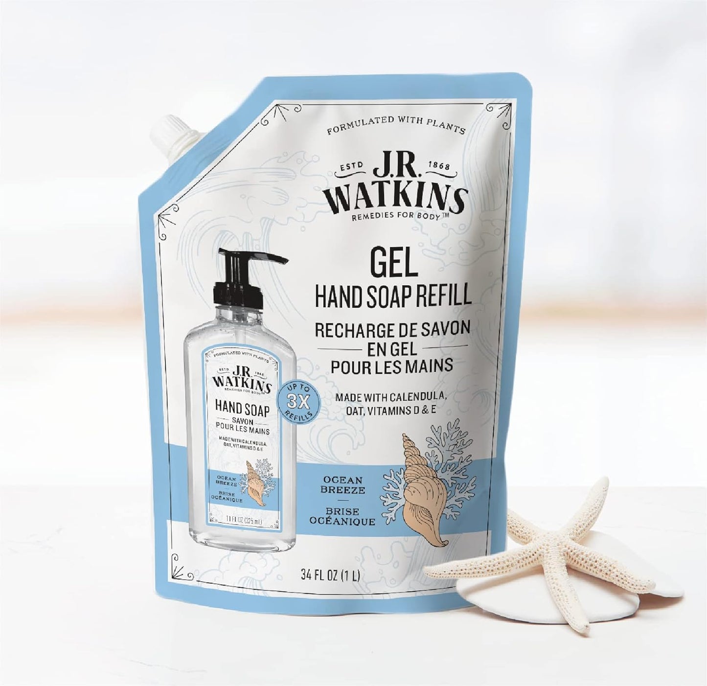 J.R. Watkins Gel Hand Soap Refill Pouch, Scented Liquid Hand Wash for Bathroom or Kitchen, USA Made and Cruelty Free, 34 fl oz, Ocean Breeze, 6 Pack