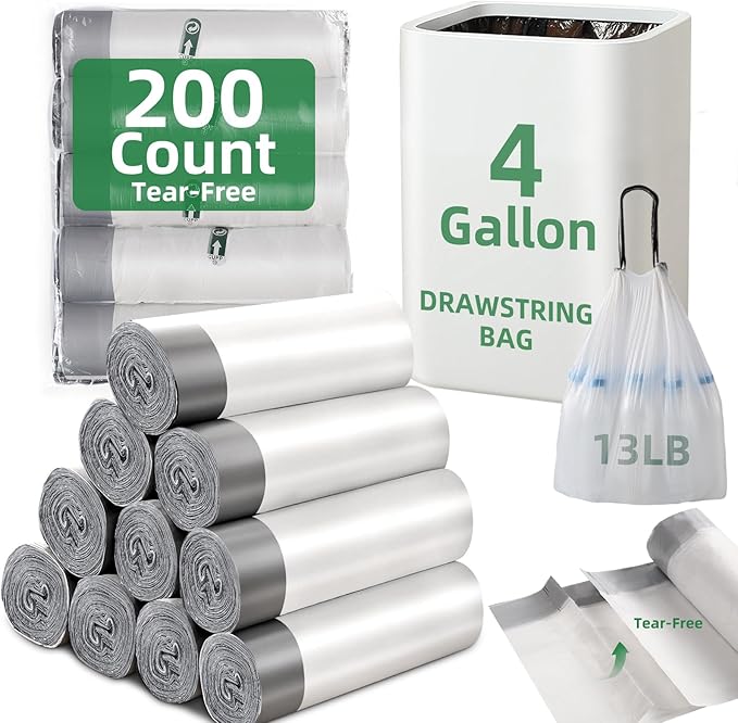 200 Counts 4 Gallon Trash Bag Drawstring Small Trash Bags, Thick Pre-separated Garbage Bags, Trash Bin Liners, Suitable for bathroom, kitchen, bedroom, office (White)