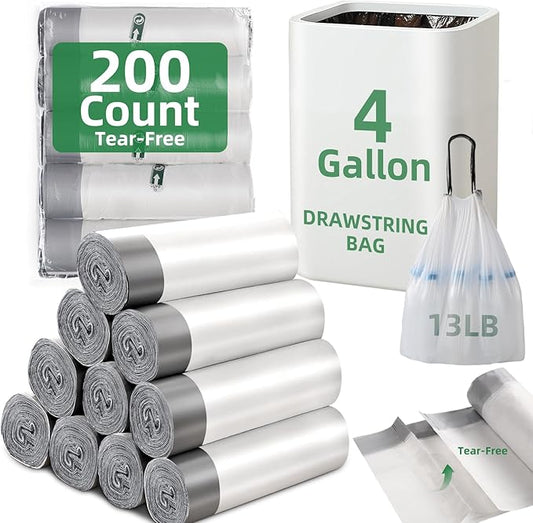 200 Counts 4 Gallon Trash Bag Drawstring Small Trash Bags, Thick Pre-separated Garbage Bags, Trash Bin Liners, Suitable for bathroom, kitchen, bedroom, office (White)
