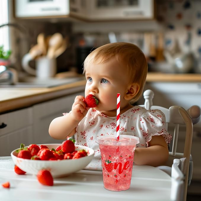 Whaline 50Pcs Strawberry Disposable Plastic Cups with Lids and Straws 12 Oz Sweet One Berry Cold Beverage Drinking Cups for First Birthday Summer Fruit Party